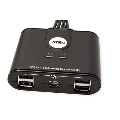 Prepínač USB 2.0, 4PC/4 zariadenie, manuálny, prepínanie tlačidlom, čierny