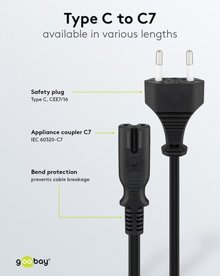 Kábel sieťový 230V, 2pin vidlica (CEE7/16) priama - C7 (2pin), 1.5m, 0.75mm², 2.5A, čierny