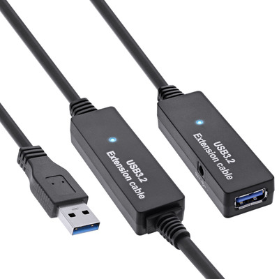 Kábel USB 3.2 Gen 1, A-A M/F 20m, 5Gbps, predlžovací, čierny, AKTÍVNY, s adaptérom