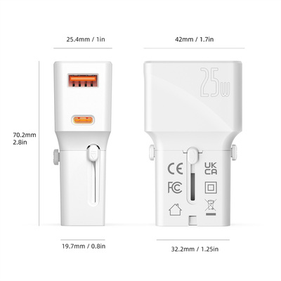 Nabíjačka USB 230V 2port, EU/UK/US, 1xUSB A, 1xUSB Typ C, 25W, PD, QC 3.0, cestovná/skladacia, biela