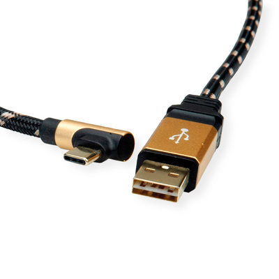 Kábel USB 2.0 Typ C AM/CM 1.8m, High Speed, čierny/zlatý, Gold, pozl. konektor, zahnutý 90°