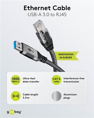 Kábel USB 3.2 Gen 1, A na RJ45 (Gigabit Ethernet), 3m, čierny/sivý