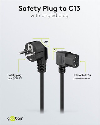 Kábel sieťový 230V, vidlica (CEE7/7) lomená - C13 zahnutý (doprava), 5m, 1.00mm², 10A, čierny