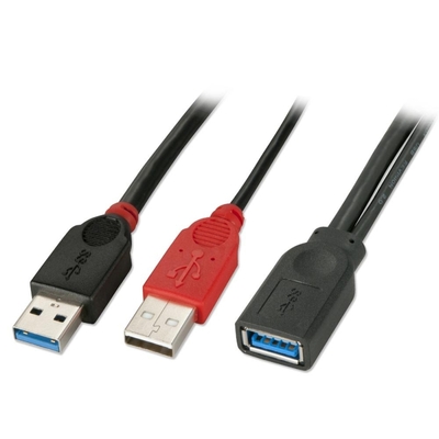 Kábel USB 3.2 Gen 1, 2xA-A M/F 0.5m, 5Gbps, čierny, predlžovací, Y-kábel, Extra napájanie