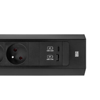 CASIA2 3xUTE 230V, USB nabíjačka, 2m kábel 1.5mm², vidlica CEE7/7, Hliník, čierna