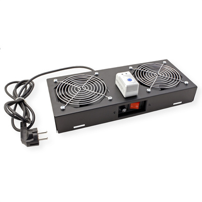 19" Ventilačná jednotka, 2 vetráky, s termostatom, pre nástennú skrinku, čierna