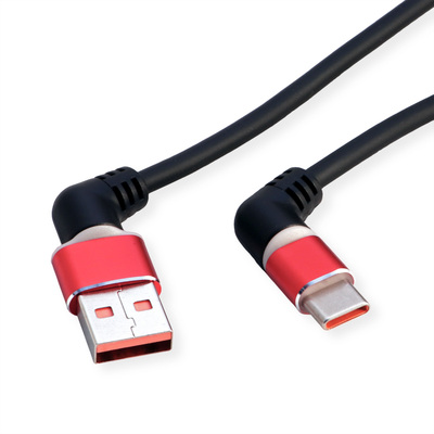 Kábel USB 2.0 Typ C AM/CM 2m, High Speed, čierny/červený, zahnutý 90°, otočné konektory