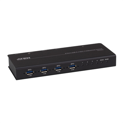 Prepínač USB 3.2 Gen 1, 4PC/4 zariadenia, manuálny, prepínanie tlačidlom, RS232, industriáln, čierny