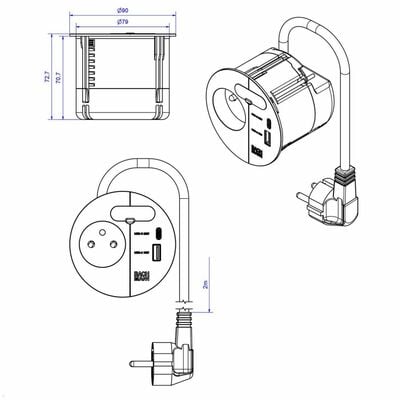 LOOP IN CHARGE Káblová prechodka 80mm, 1xUTE 230V, nabíjačka (USB A + USB C), 2m kábel 1.5mm² čierna