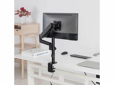 Držiak pre monitor na stôl, úchyt o dosku, pneumatický, max 9kg, rameno 423mm, VESA75/100, čierny