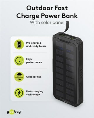 Solárna PowerBank 20000mAh, QC 3.0, Lítiová, Zabudované LED svetlo, čierna