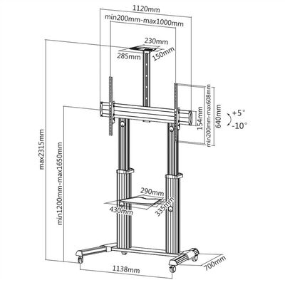 Držiak na kolieskach pre TV 60-100", s policou, výška 120-165cm, max 100kg, VESA do 1000x600, sivý