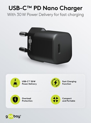 Nabíjačka USB 230V 1port, 1xUSB Typ C, 30W, Power Delivery, Fast Charge, Nano, čierna