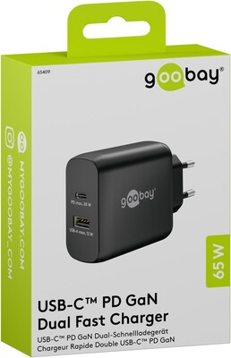 Nabíjačka USB 230V 2port, 1xUSB A 2.0, 1xUSB C (Power Delivery), 65W, GaN, čierna