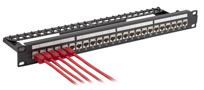 19" Patch panel 24port Keystone spojka RJ45 cat.6a (v bal. 24ks), tienený s uzem., kov., 1U, čierny