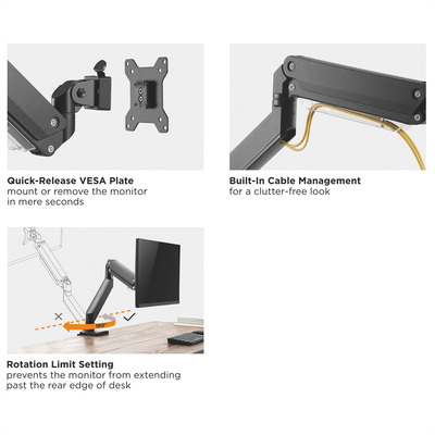 Držiak pre monitor na stôl, úchyt o dosku, pneumatický, max 15kg, rameno 526mm, VESA 75/100, čierny