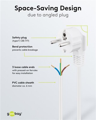 Kábel sieťový 230V, vidlica (CEE7/7) lomená - dutinky, 3m, 1.00mm², 16A, surový, biely