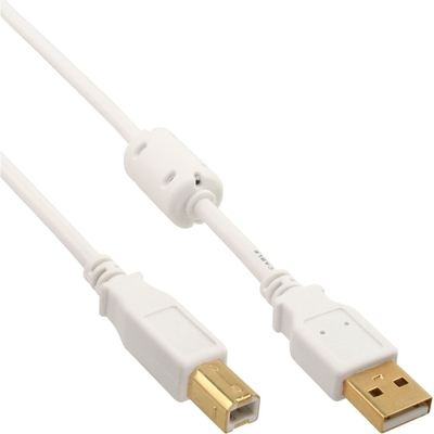 Kábel USB 2.0 A-B M/M 1m, High Speed, Gold, s feritom, High Speed, biely