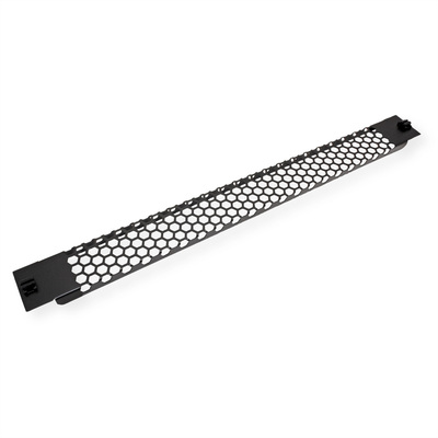 19" záslepka "snap-in" s ventilačnou mriežkou, 1U, kovová, montáž bez nástroja, čierna RAL9005