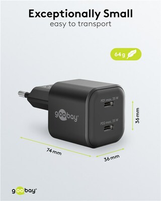 Nabíjačka USB 230V 2port, 2xUSB Typ C, 35W, Power Delivery, GaN, čierna