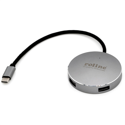 Hub USB 3.2 Gen.1 Typ C, 4 Port, 4x USB A Port, okrúhly, USB micro napájanie, 14cm, sivá a čierna