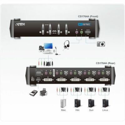 KVM switch/prepínač 4PC, DVI-D, USB, USB hub, audio