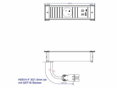 KAPSA 1xUTE 230V, nabíjačka (USB A + USB C), 0.2m kábel 1.5mm², GST18, hliník, čierna, veľkosť S