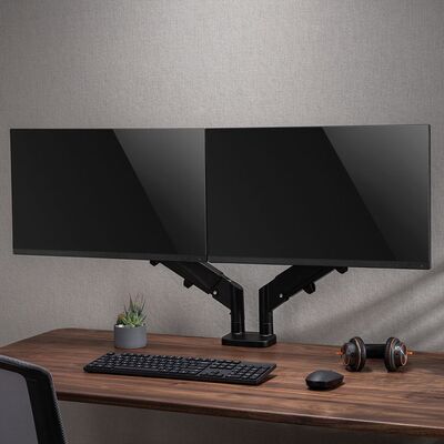 Držiak pre 2x monitor na stôl, úchyt o dosku, pneumatický, max 9kg, rameno 522mm VESA 75/100 čierny