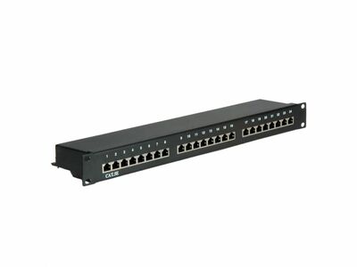 19" Patch panel 24port cat.5e, tienený s uzemnením, celokovový, 1U, čierny