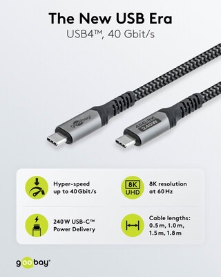 Kábel USB 4 Gen 3x2, Typ C CM/CM 1m, 40Gbps, PD 240w 48V5A, oplet, čiernosivý