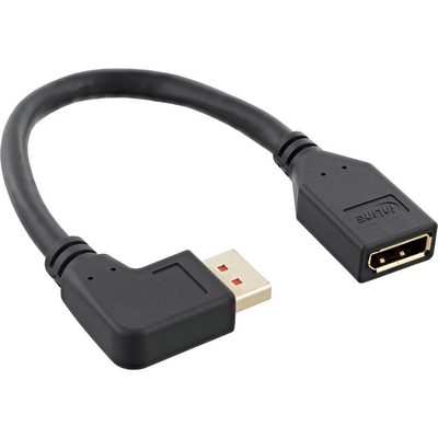 Adaptér DisplayPort 1.4 M/F, 4K8K, 15cm čierny, zahnutý konektor 90° dolava