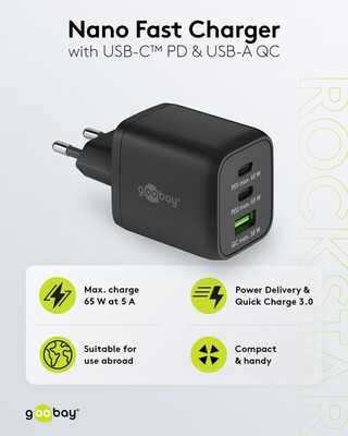 Nabíjačka USB 230V 3port, 1xUSB A, 2xUSB Typ C, 65W, Power Delivery, GaN, čierna