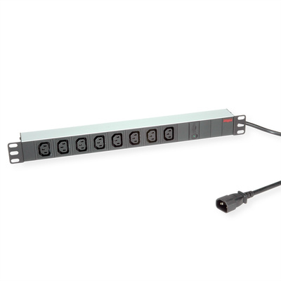 19" zásuv. lišta 8xC13, konektor C14, 10A, 2300W, 2m, čierna/sivá