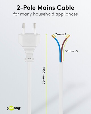 Kábel sieťový 230V, 2pin vidlica (CEE7/16) priama - dutinky, 1.5m, 0.75mm², 2.5A, surový, biely