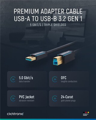 Kábel USB 3.2 Gen 1, A-B M/M 0.5m, 5Gbps, modrý, ClickTronic, pozl. konektor