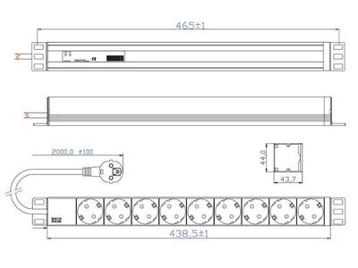 19" zásuv. lišta 9xSCHUKO, vidlica (CEE7/7), 16A, 3600W, 2m, sivá