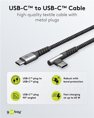 Kábel USB 2.0 Typ C CM/CM 1m, High Speed, Power Delivery 60w 20V3A, čierny/sivý, zahnutý 90°