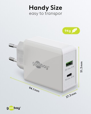 Nabíjačka USB 230V 2port, 1xUSB A, 1xUSB Typ C, 30W, Power Delivery, Quick Charge 3.0, biela §§