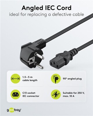Kábel sieťový 230V, vidlica (CEE7/7) lomená - C13, 2.5m, 1.00mm², 10A, čierny