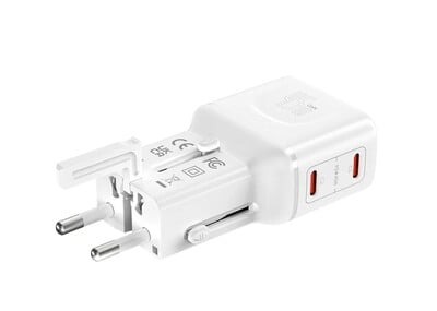 Nabíjačka USB 230V 2port, EU/UK/US, 2xUSB Typ C, 45W, PD, QC 3.0, cestovná/skladacia/vrecková, biela