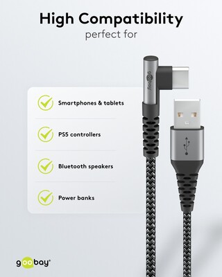 Kábel USB 2.0 Typ C AM/CM 2m, High Speed, Power Delivery 60w 20V3A, čierny/sivý, zahnutý 90°
