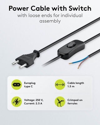 Kábel sieťový 230V, 2pin vidlica (CEE7/16) priama - dutinky, 1.5m, 0.75mm², 2.5A, vypínač, čierny