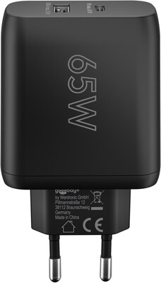 Nabíjačka USB 230V 2port, 1xUSB A 2.0, 1xUSB C (Power Delivery), 65W, GaN, čierna