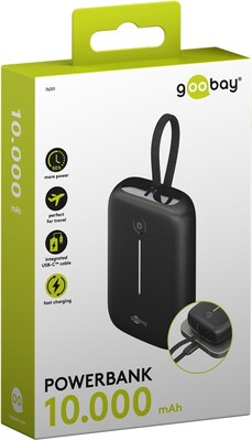 PowerBank 10000mAh, QC 3.0, LED display, zabudovaný kábel USB Typ C 0.13m, 8x6x3cm, čierna