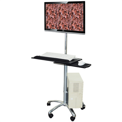 Držiak na kolieskach pre monitor, PC a klávesnicu, max 10kg, výška 110-170cm, VESA 75/100 strieborný