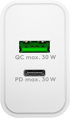 Nabíjačka USB 230V 2port, 1xUSB A, 1x USB Typ C, 30W, Power Delivery, Quick Charge 3.0, biela