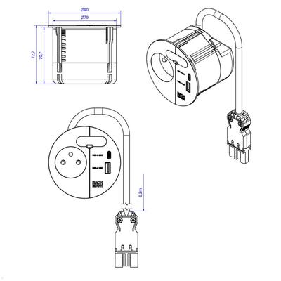 LOOP IN CHARGE Káblová prechodka 80mm, 1xUTE 230V, nabíjačka (USB A + USB C), 0.2m GST 1.5mm² čierna