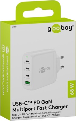 Nabíjačka USB 230V 4port, 1xUSB A, 3xUSB Typ C, 68W, Power Delivery, GaN, čierna