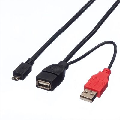 Kábel USB 2.0 2xA-MICRO-B F/M 1m, High Speed, OTG, čierny, Y-kábel, Extra napájanie