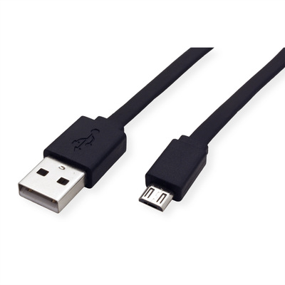 Kábel USB 2.0 A-MICRO-B M/M 1m, High Speed, čierny, 100%meď, flexibilný, plochý, TPE plášť